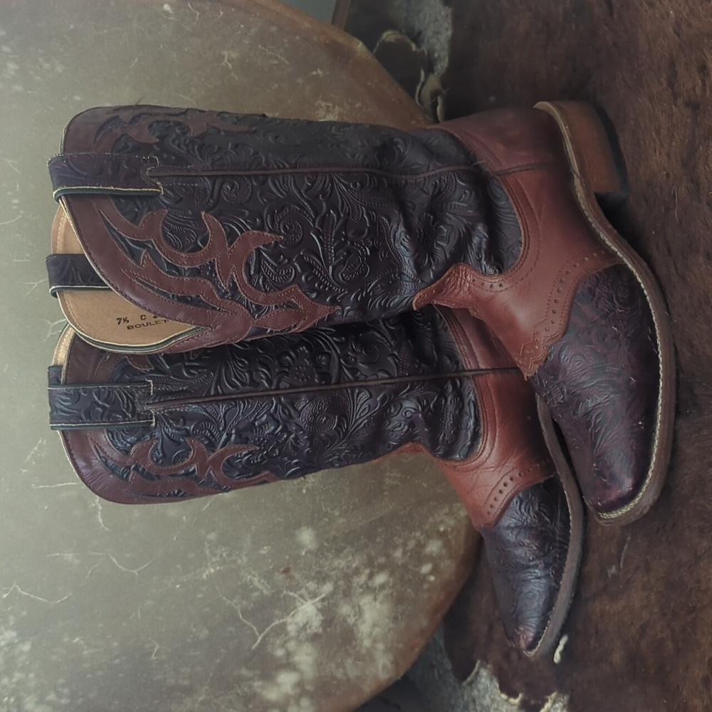 BOULET ladies hand tooled chestnut leather square toe cowboy western boots sz7.5